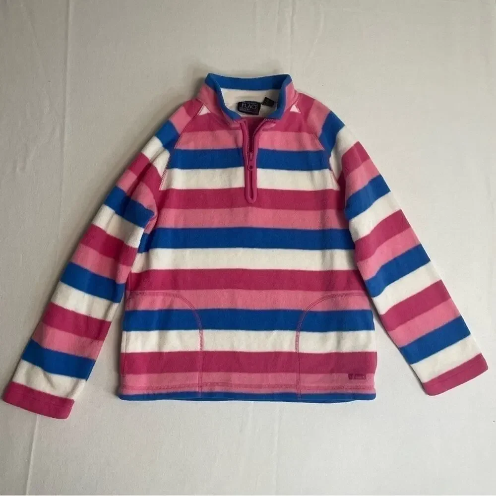 Fleece Striped Pullover Girls Size 14 pink blue white stripes